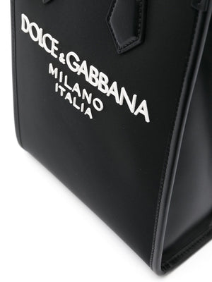 DOLCE & GABBANA Mini Black Nylon Tote with Leather Accents and Logo Detail, Magnetic Closure, and Adjustable Shoulder Strap for Men