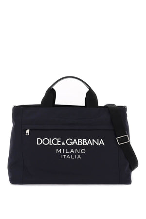 Blue Nylon Duffle Handbag with Contrasting Rubberized Logo