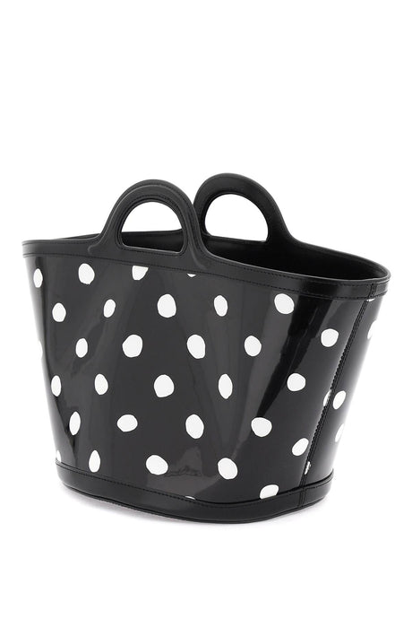 小号热带桶形手提包，黑色带白色小圆点图案