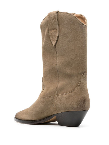 ISABEL MARANT Taupe Brown Leather Ankle Boots with Western-Style Panelling and Pointed Toe for Women