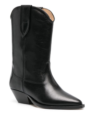 Women's Black Leather Block-Heel Boots