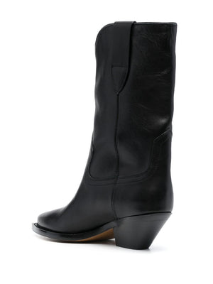 Black Leather Mid Heel Boots for Women by Isabel Marant