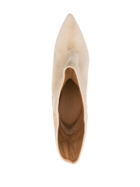 Beige Suede Leather Boots - Pointed Toe Slip-On Style with 90mm Cone Heel