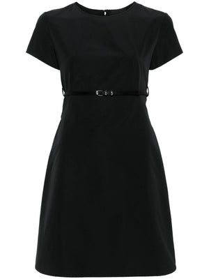 Váy ngắn bằng vải thun pha cotton màu đen, phần váy xòe và dây lưng điều chỉnh cho nữ