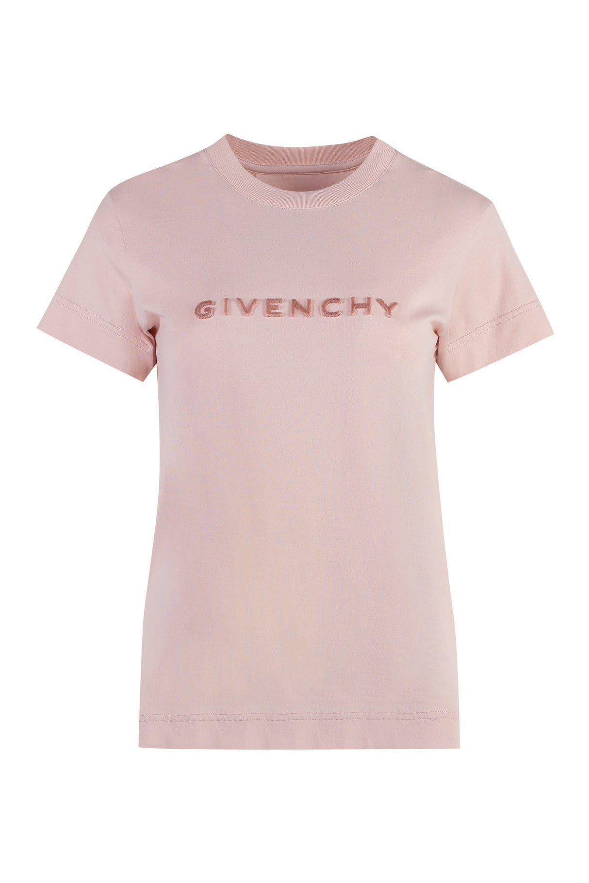 ピンクのリブ編みコットンクルーネックTシャツ（女性用）