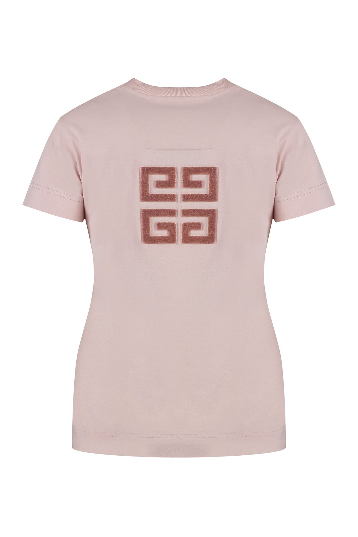 ピンクのリブ編みコットンクルーネックTシャツ（女性用）