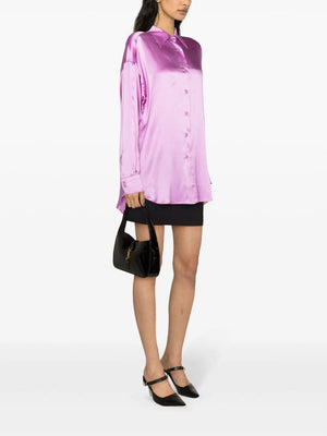 女性向け贅沢なシルクボタンアップシャツ - ピンク＆パープル
