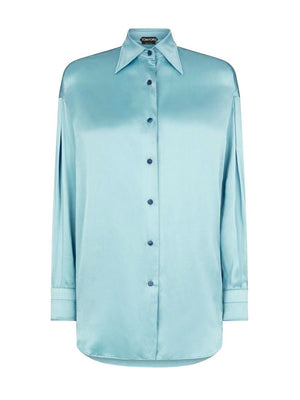 Blue Silk Long Sleeve Shirt for Women - SS24コレクション