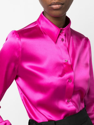 ホットピンクのサテン長袖シャツ