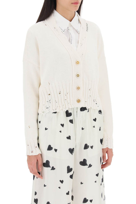 MARNI White Short Cardigan with Embroidered Lettering