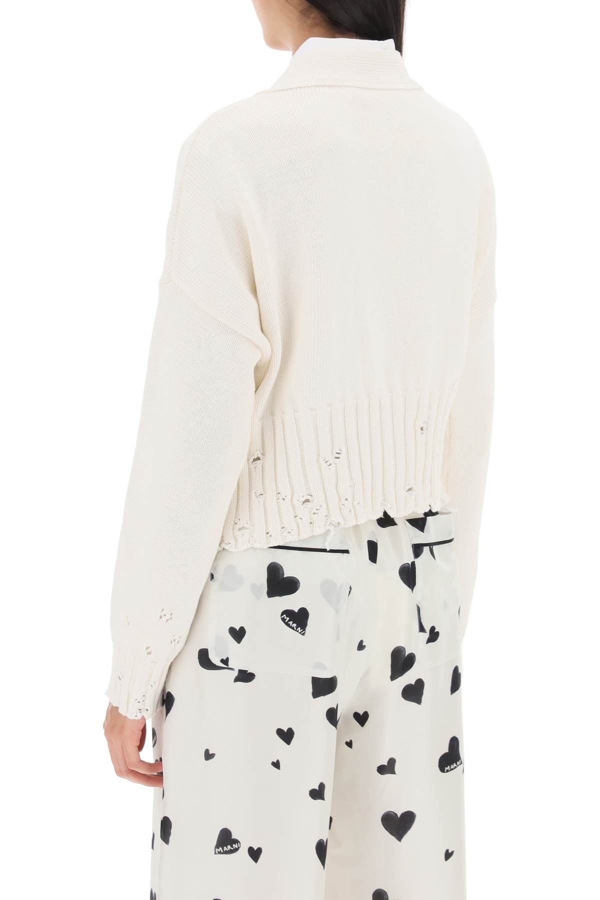 MARNI White Short Cardigan with Embroidered Lettering