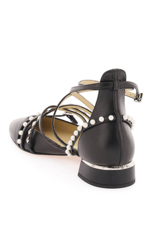優雅黑色女士芭蕾舞平底鞋 - 以皮革精心製作，珍珠和螺絲打造的裝飾