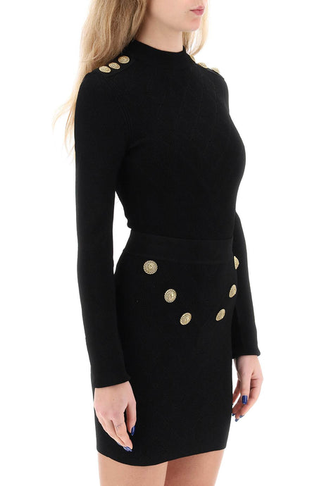 BALMAIN Classic Black Knit Bodysuit with Embossed Buttons for Women