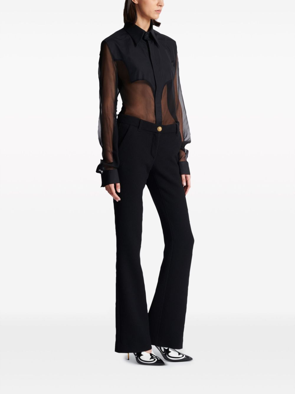 Chic Black Crepe Texture Flared Trousers for Women