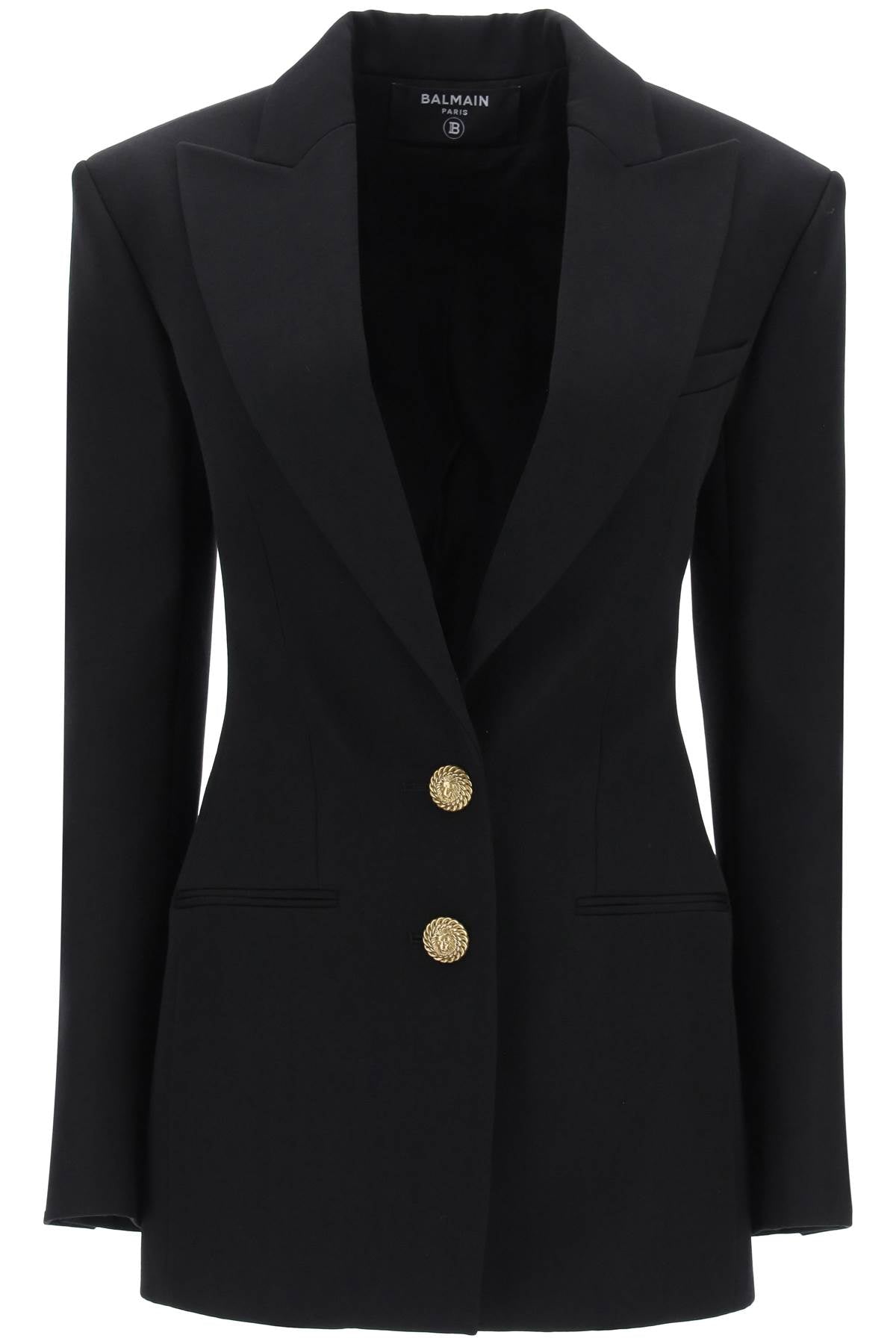 Áo khoác lông cừu đen tinh tế dành cho phụ nữ - Chất lượng cao cấp với khóa nút đính huy hiệu sư tử màu vàng nổi bật, kiểu dáng vừa vặn và cổ áo có cấu trúc