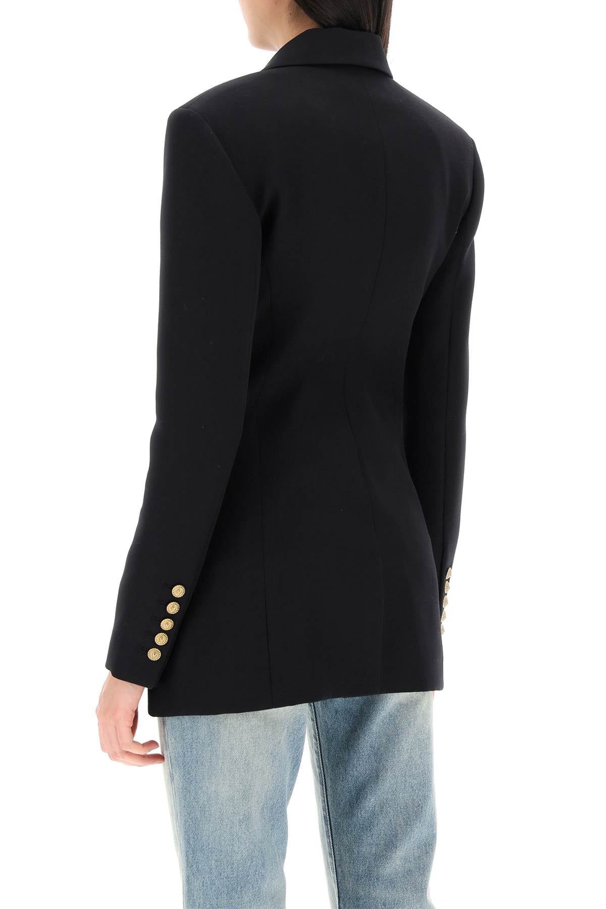 女士豪華黑色羊毛外套- 高品質單排扣外套配有精緻的金色獅頭扣子，修身剪裁和結構化肩膀