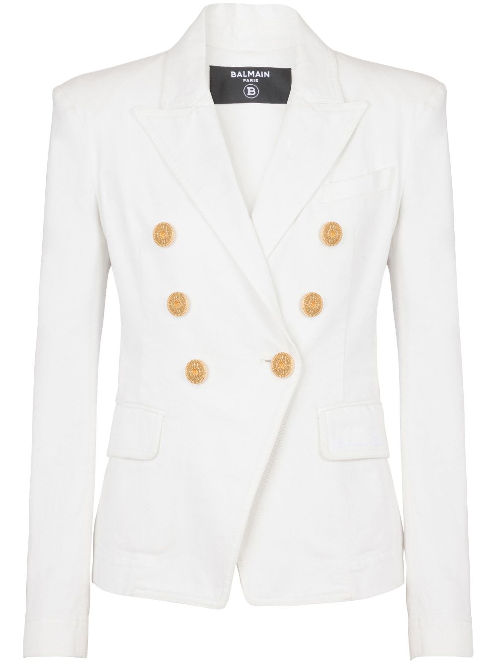 BALMAIN Double-Breasted White Denim Jacket with Gold-Tone Chain Buttons