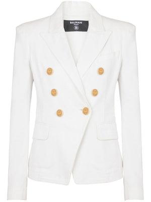 スタイリッシュな白デニムのレディースダブルブレストジャケット