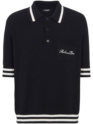 BALMAIN Classic Black Cotton-Lyocell Knit Polo Shirt for Men