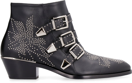 Almond-shaped Toe Studded Leather Ankle Boots - Black, Women's Shoes