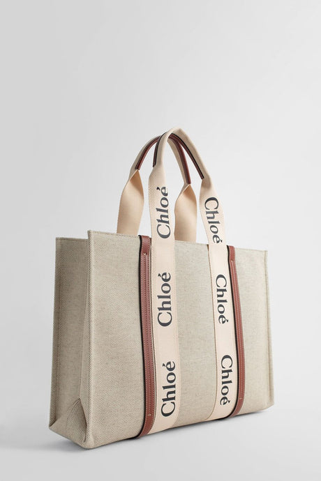 Beige and White Canvas Shopping Handbag for Women