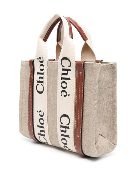 CHLOÉ Woody Small Canvas & Leather Tote in Beige and Auburn