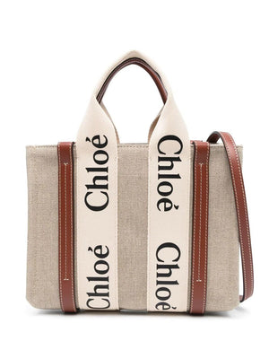 CHLOÉ WOODY SMALL CANVAS AND LEATHER Tote Handbag Handbag