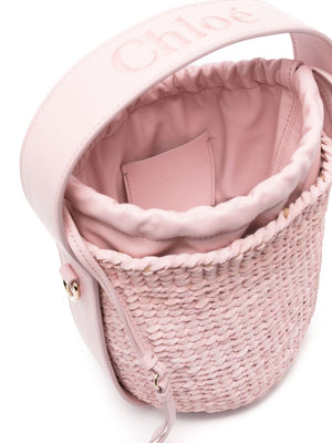 CHLOÉ Chic Pink Lambskin Suede Mini Bucket Bag with Embroidered Handle and Adjustable Strap