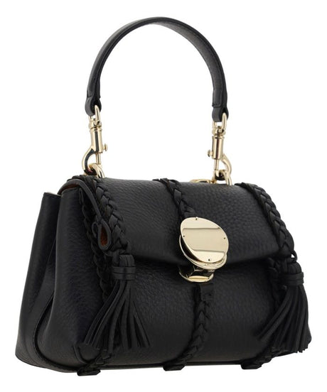 CHLOÉ Black Leather Handbag with Braided Details and Tassels