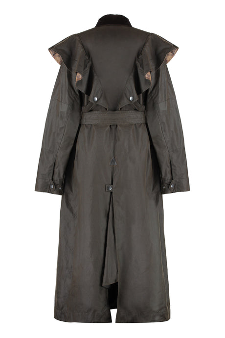 原创：女士棕色蜡棉风衣，带有灯芯绒领和褶边细节