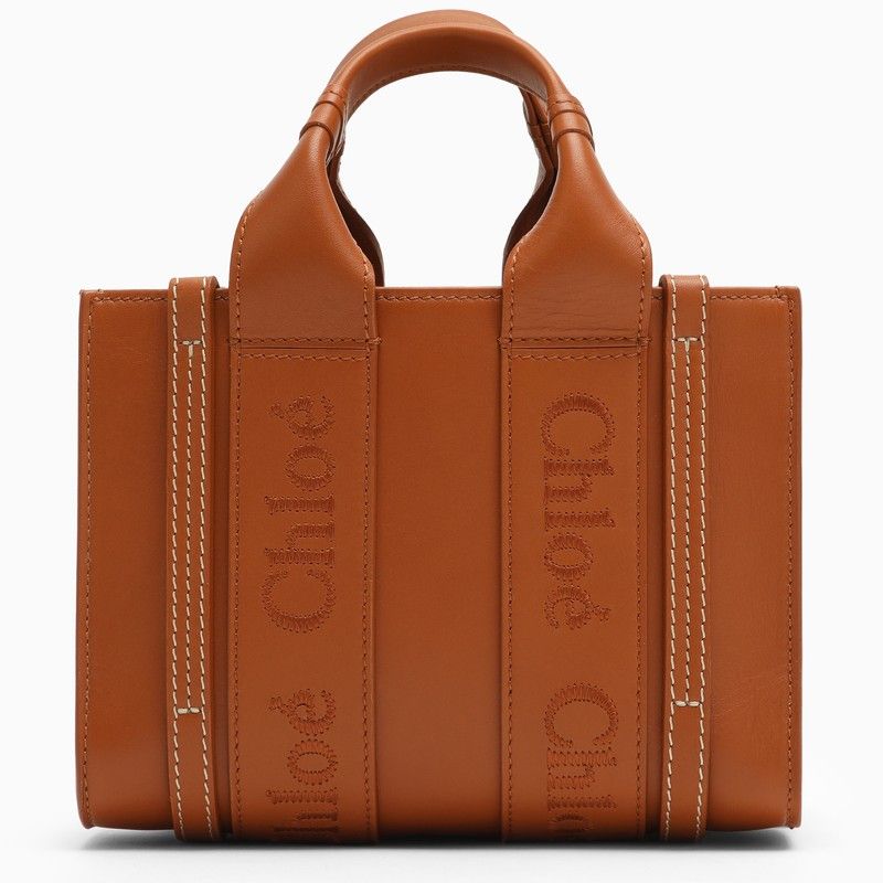 CHLOÉ Petite Woody Orange Leather Top-Handle Bag with Logo Ribbon Detail