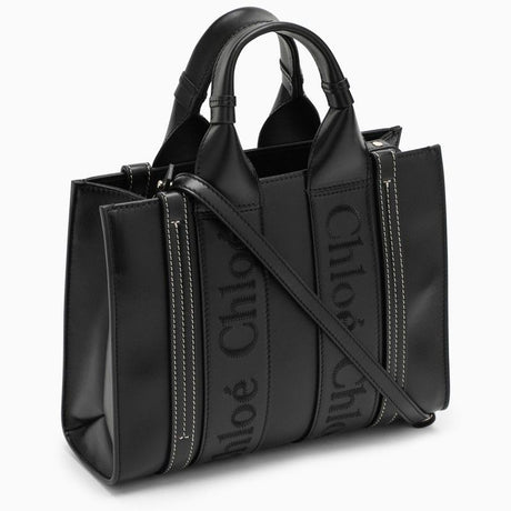 CHLOÉ Chic Black Leather Woody Crossbody Tote with Canvas Lining and Removable Strap, Small