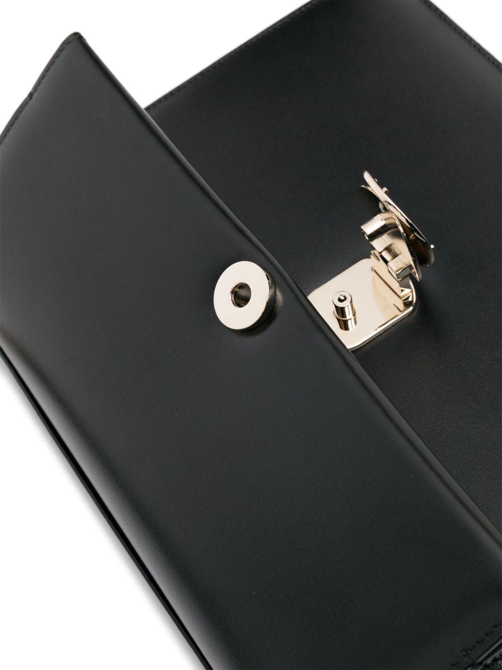 Black Grained Leather Foldover Handbag with Detachable Strap