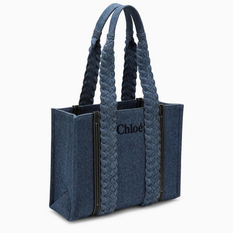 CHLOÉ Navy Blue Recycled Denim Small Tote with Leather Accents and Woven Handle