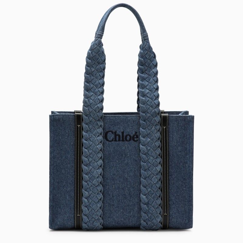 CHLOÉ Women's Blue Denim Medium Woody Tote Handbag 100% Cotton