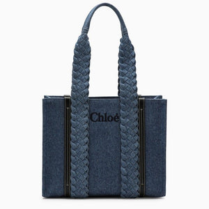 CHLOÉ Women's Blue Denim Medium Woody Tote Handbag 100% Cotton