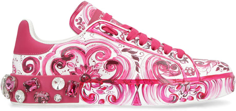 Women's Pink Leather Sneaker with All Over Print and Stone Embellishment