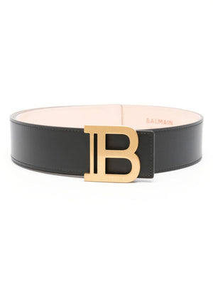 Sleek Black Belt with Golden Logo Buckle for Women