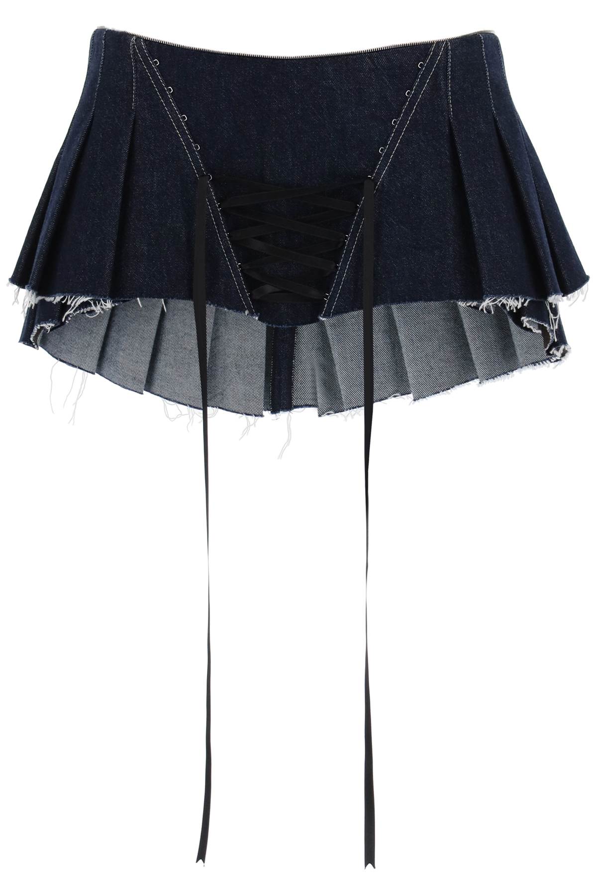Micro Pleated Skirt with Corset - Dark Wash Stretch Denim Skirt for Women