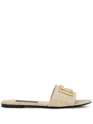 Beige Leather Slide Sandals for Women with Gold-Toned Logo Detail