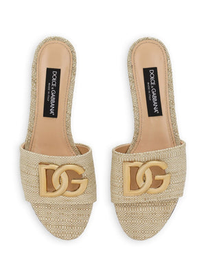 Beige Leather Slide Sandals for Women with Gold-Toned Logo Detail