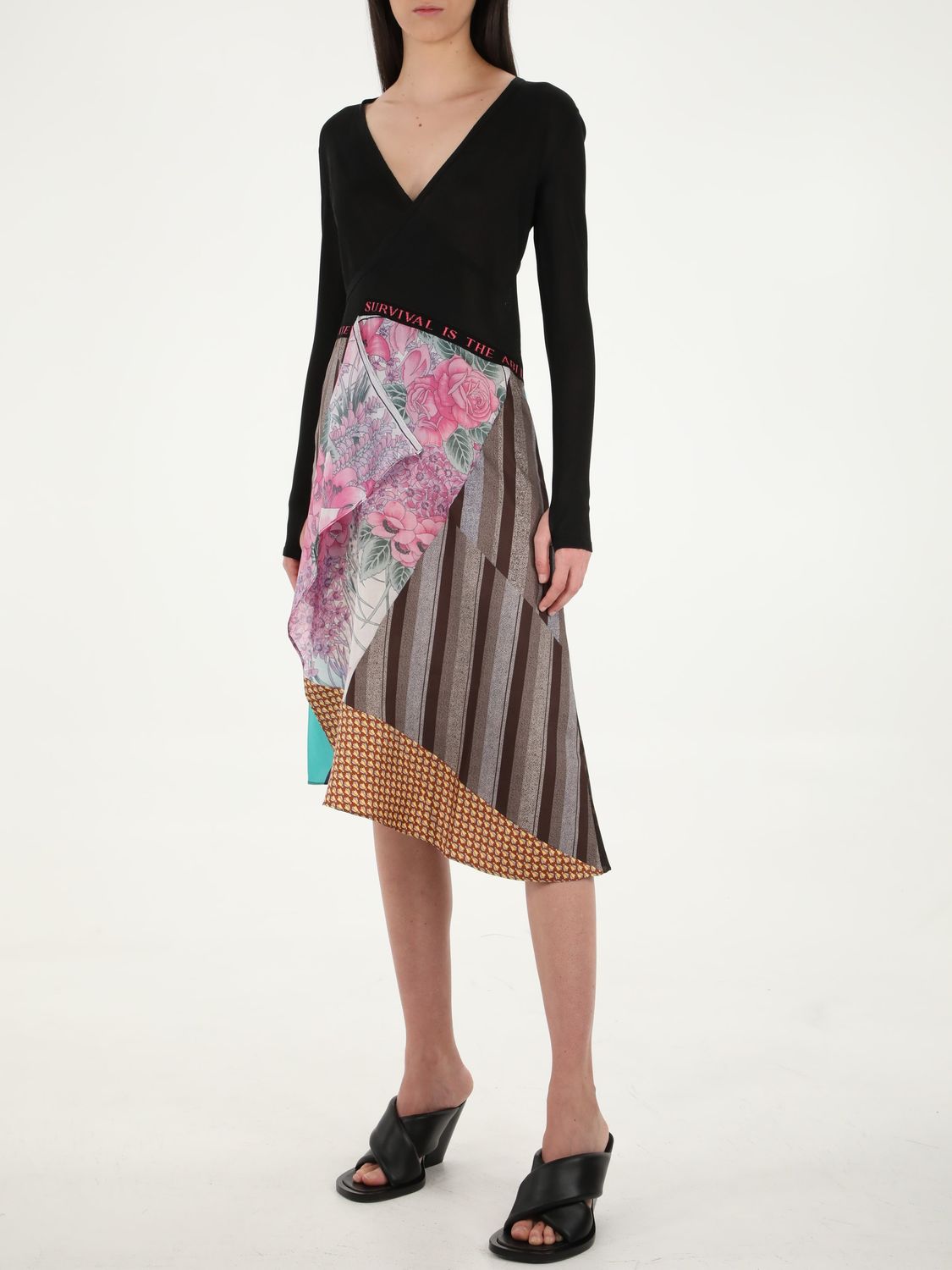 Multicolor Silk Wrap Dress with V-Neck and Asymmetrical Cut Skirt
