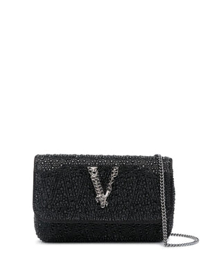 VERSACE Black Satin Mini Shoulder Bag with Rhinestone Detail and Silver-Tone Accents