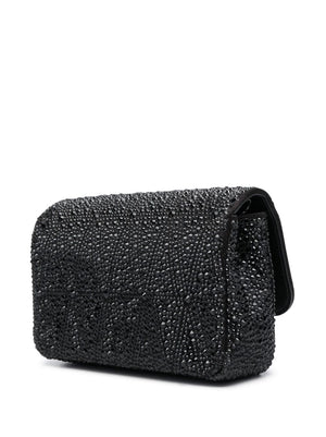 VERSACE Black Satin Mini Shoulder Bag with Rhinestone Detail and Silver-Tone Accents