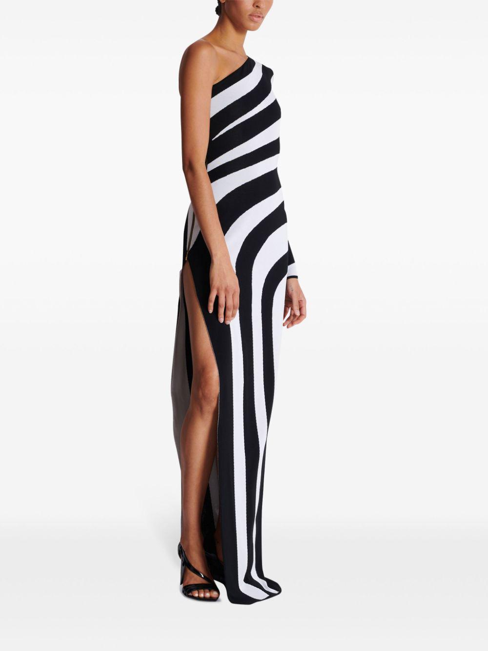 BALMAIN striped one-shoulder gown