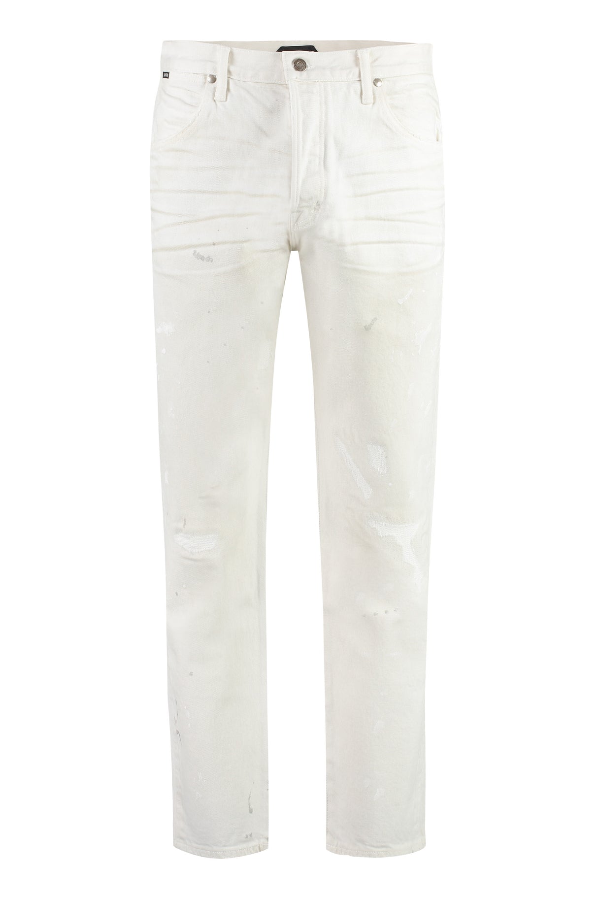 Quần Jeans straight-leg 5 túi màu trắng THANH LỊCH nam  với miếng da và những vết nứt gốc
