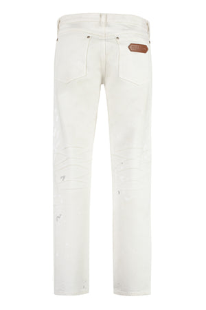 Quần Jeans straight-leg 5 túi màu trắng THANH LỊCH nam  với miếng da và những vết nứt gốc