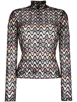 MISSONI Women's Black and Multicolour Zigzag Knit High-Neck Top for FW23