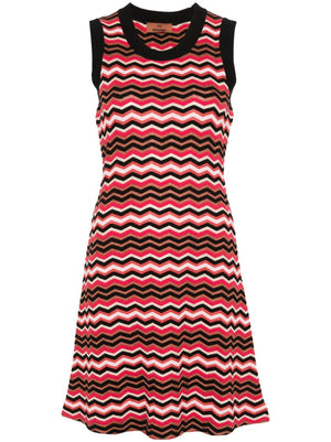 MISSONI Zigzag Pattern Short Dress - Multicolor Chevron Knit Scoop Neck Sleeveless Flared Skirt
