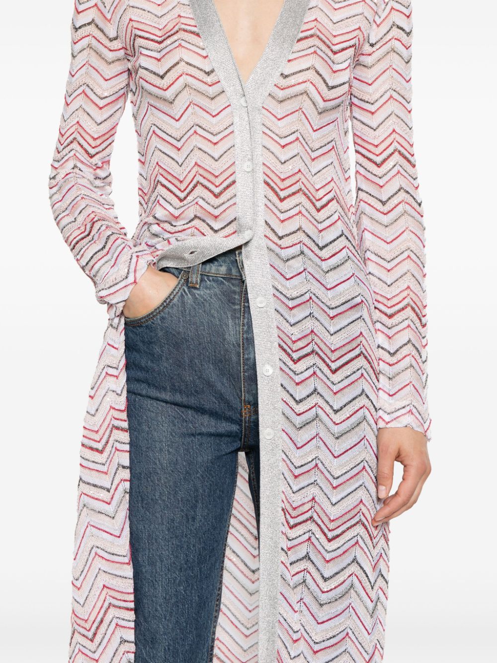 女性用ライトサーモンピンク色のジグザグ模様ロングカーディガン